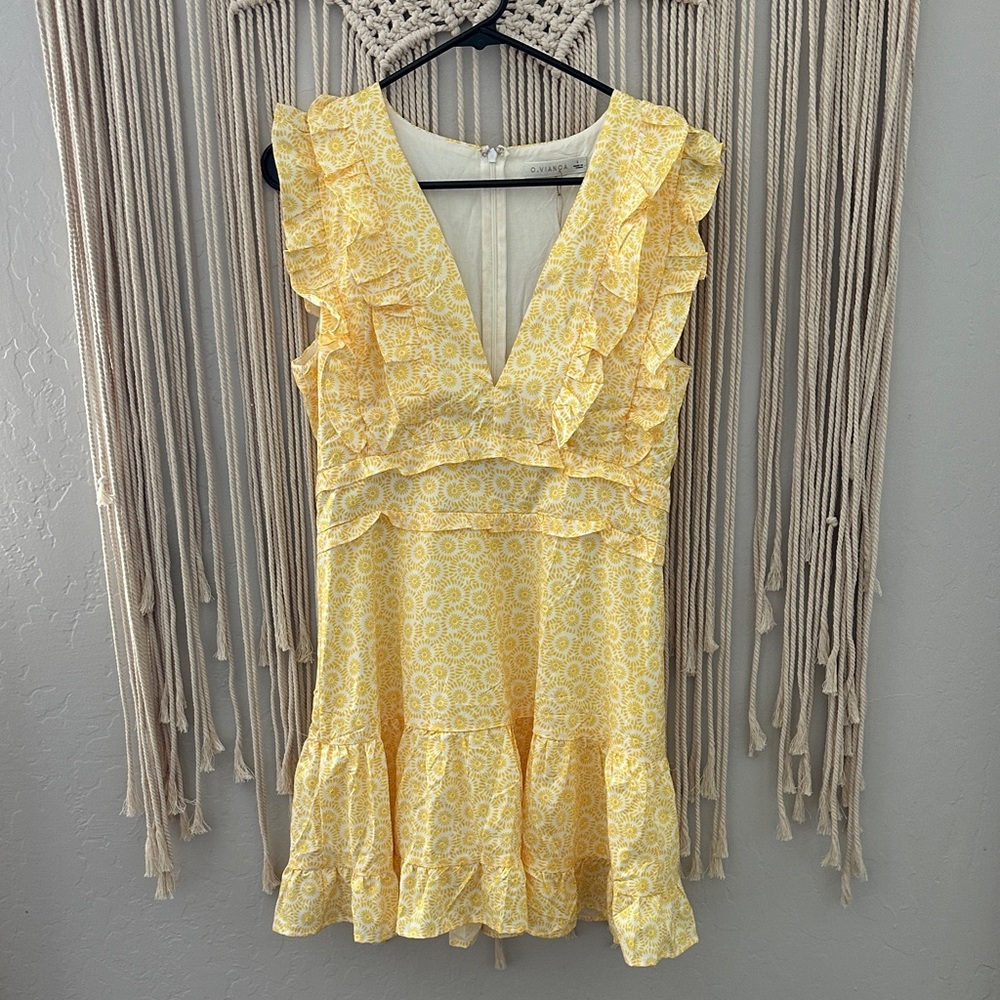 Yellow Floral Ruffle V-Neck Mini Dress